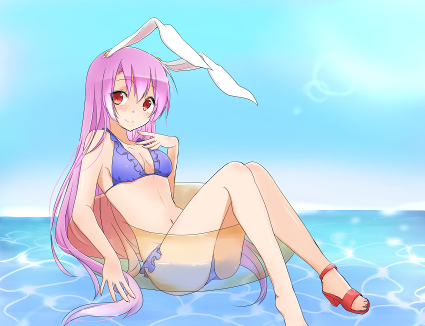 1girl animal_ears bare_shoulders bikini blush breasts cleavage hand_on_own_chest highres lavender_hair light_smile long_hair looking_at_viewer midriff navel rabbit_ears red_eyes reisen_udongein_inaba sky solo swimsuit touhou very_long_hair water yukina_(masyumaro610)