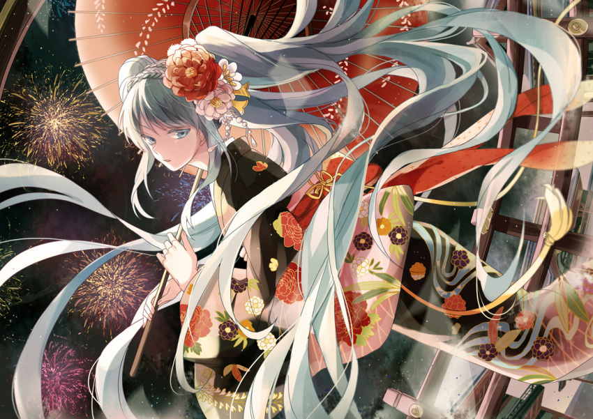 1girl aerial_fireworks aqua_eyes aqua_hair braid fireworks floral_print flower hair_flower hair_ornament hatsune_miku japanese_clothes kimono long_hair long_sleeves looking_at_viewer looking_to_the_side michi_(iawei) night obi open_mouth outdoors parasol sash sideways solo twintails umbrella very_long_hair vocaloid wide_sleeves