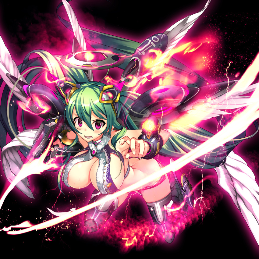 1girl blush breasts cleavage clenched_teeth electricity energy full_body glowing green_hair hair_between_eyes highres large_breasts long_hair mechanical_halo multiple_wings original pink_eyes solo twintails white_wings wings yam2344