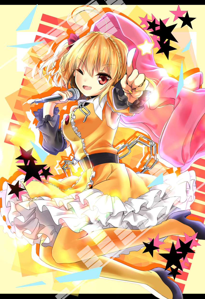 &gt;;d 1girl absurdres ahoge blonde_hair chain dress fang frills highres holding hysteria kagerou_project kisaragi_attention_(vocaloid) kisaragi_momo looking_at_viewer microphone pointing pointing_at_viewer red_eyes solo star tagme yellow_dress