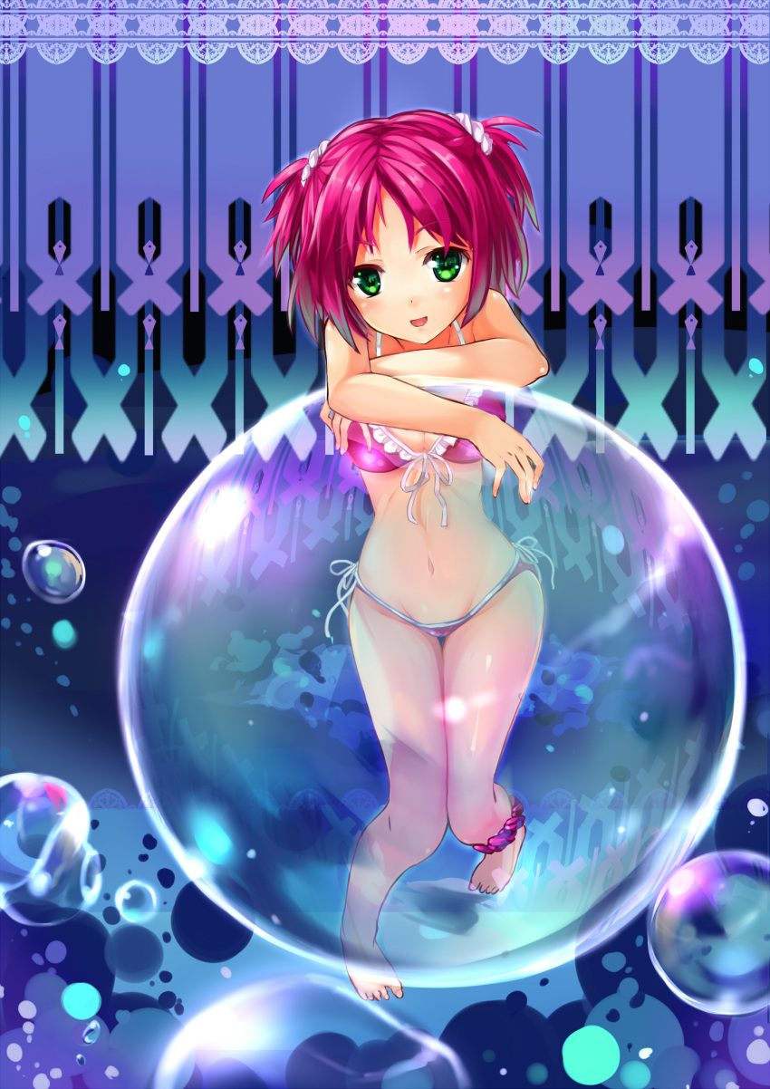 1girl :d ball bikini breasts cleavage green_eyes highres kaede_(003591163) looking_at_viewer mound_of_venus navel open_mouth original redhead smile solo swimsuit tagme transparent