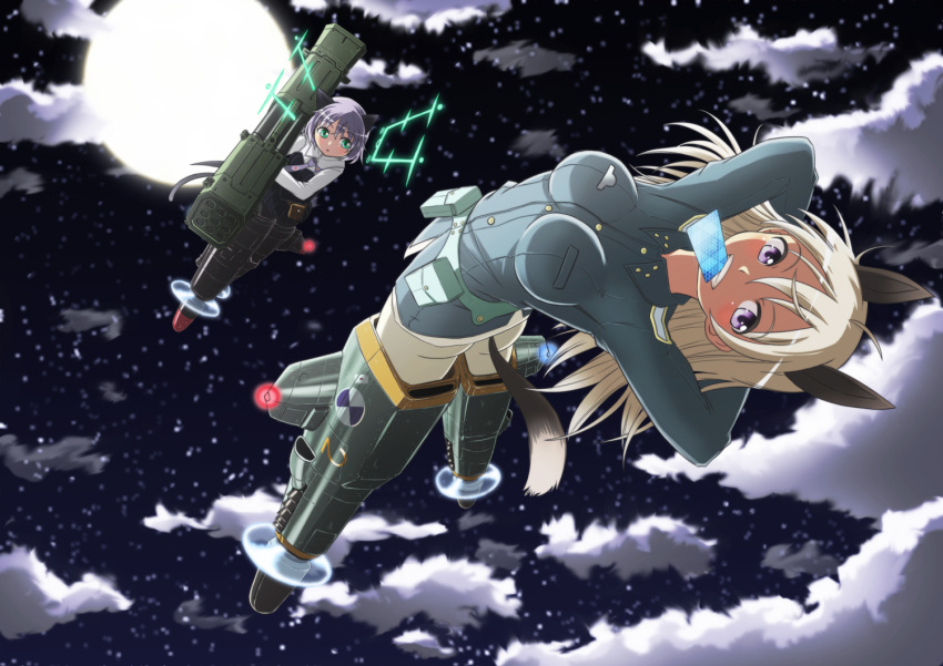 2girls animal_ears arms_behind_head blonde_hair card cat_ears cat_tail clouds dog_ears dog_tail eila_ilmatar_juutilainen green_eyes grin hirschgeweih_antennas looking_at_viewer military military_uniform moon mouth_hold multiple_girls night night_sky pantyhose rocket_launcher sanya_v_litvyak silver_hair sky smile star strike_witches striker_unit tail uniform violet_eyes weapon zatou_(kirsakizato)