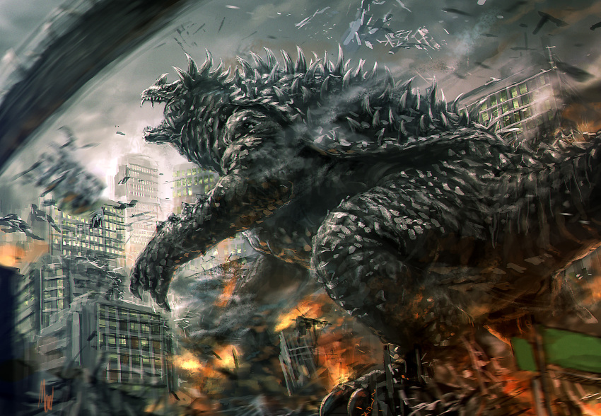 anguirus cityscape debris godzilla godzilla_(series) highres kaijuu mad_(artist) no_humans ruins spikes