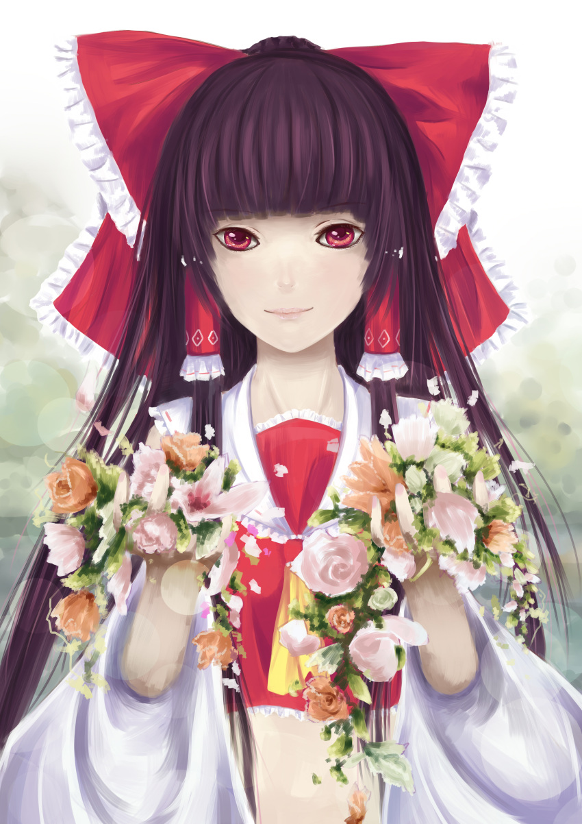 1girl absurdres ascot bow brown_hair bust crop_top detached_sleeves flower hair_bow hair_tubes hakurei_reimu highres holding huoxing_hosi light_smile lips long_hair looking_at_viewer red_eyes solo touhou very_long_hair