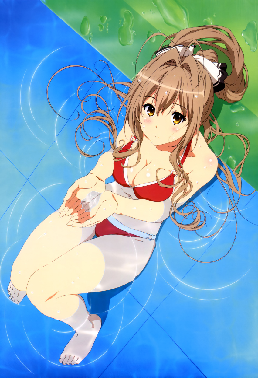 1girl absurdres amagi_brilliant_park bare_shoulders barefoot bikini blush bow breast_press breasts brown_hair cleavage cupping_hands from_above frown hair_between_eyes hair_bow hair_intakes highres knees_together_feet_apart knees_up long_hair looking_at_viewer o-ring_bikini partially_submerged payot pool reclining ripples sento_isuzu solo swimsuit water water_drop yellow_eyes