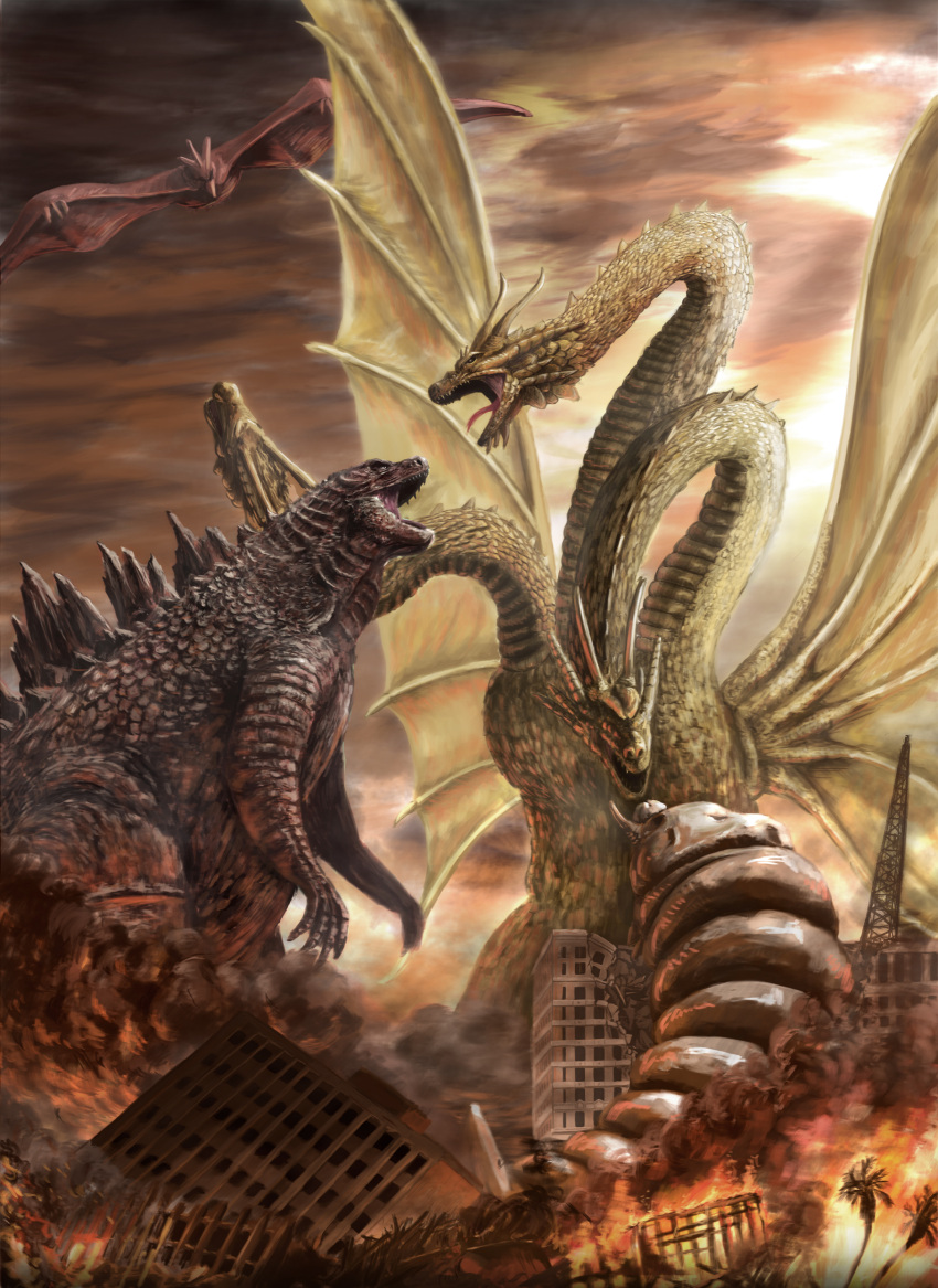 absurdres battle cityscape fire godzilla godzilla_(series) highres hipy_(image_oubliees) kaijuu king_ghidorah monster mothra multiple_heads no_humans rodan ruins sky tagme wings