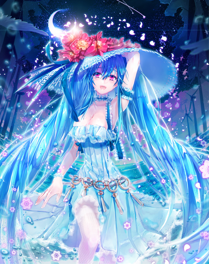 1girl arm_strap blue_hair breasts choker cleavage crescent_moon flower frills hat highres long_hair moon noa_(pyanhoa) open_mouth red_eyes solo sword_girls thigh-highs