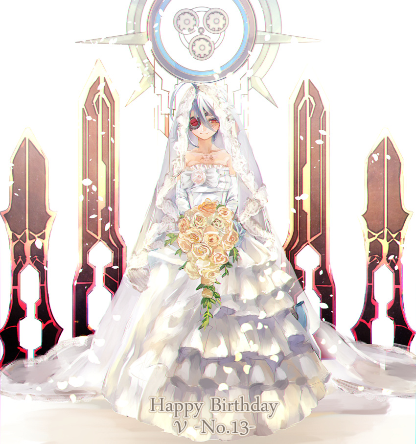 1girl ahoge akilico backlighting blazblue bouquet bridal_veil dress elbow_gloves eyepatch floating_swords flower full_body gloves happy_birthday highres huge_ahoge nu-13 petals red_eyes silver_hair solo stained_glass strapless strapless_dress tattoo veil wedding_dress white_dress white_gloves