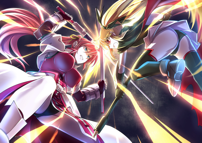 2girls ass bardiche battle black_panties blonde_hair blue_eyes boots breasts cape clash clenched_teeth electricity fate_testarossa faulds fingerless_gloves from_below gauntlets gloves hair_ribbon highres jacket large_breasts levantine long_hair lyrical_nanoha mahou_shoujo_lyrical_nanoha mahou_shoujo_lyrical_nanoha_a's multiple_girls open_mouth panties pink_hair ponytail puffy_sleeves red_eyes ribbon scythe sheath signum skirt sm318 sword twintails underwear weapon
