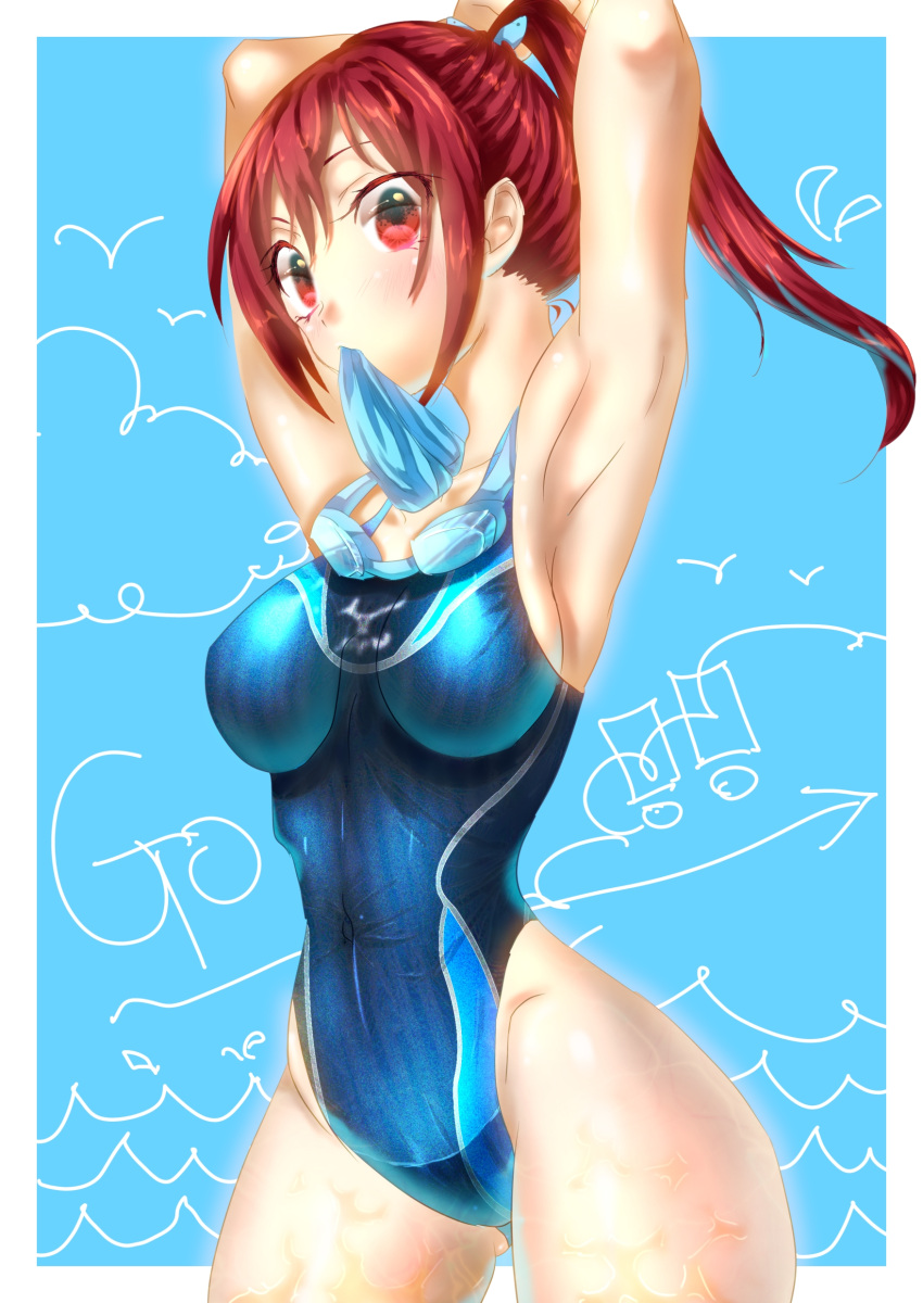 1girl absurdres aelvup arms_up competition_swimsuit free! goggles goggles_around_neck highres long_hair matsuoka_gou mizuno one-piece_swimsuit ponytail red_eyes redhead swimsuit