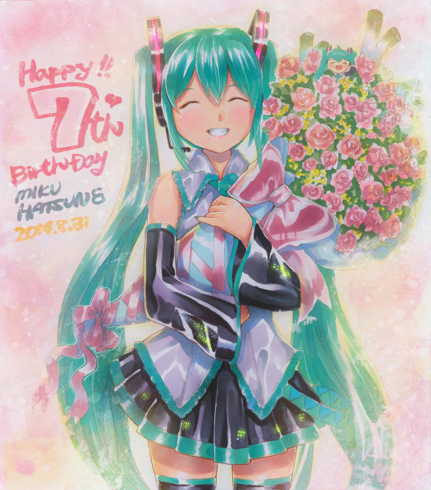 2014 bouquet character_name closed_eyes dated detached_sleeves flower green_hair grin happy_birthday hatsune_miku headset highres long_hair mayo_riyo skirt smile spring_onion thigh-highs twintails very_long_hair vocaloid