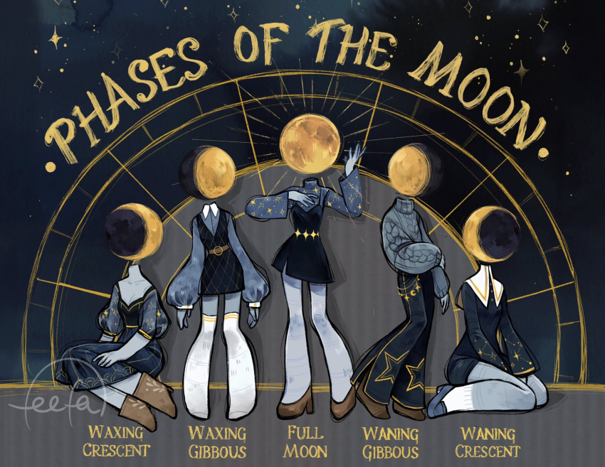 1girl age_progression black_dress character_name commentary constellation_print crescent_moon dress english_commentary english_text faceless faceless_female feefal full_moon gibbous_moon highres moon moon_phases moonlight original personification see-through see-through_sleeves signature space star_(sky) star_(symbol) sweater thigh-highs white_thighhighs wrist_cuffs