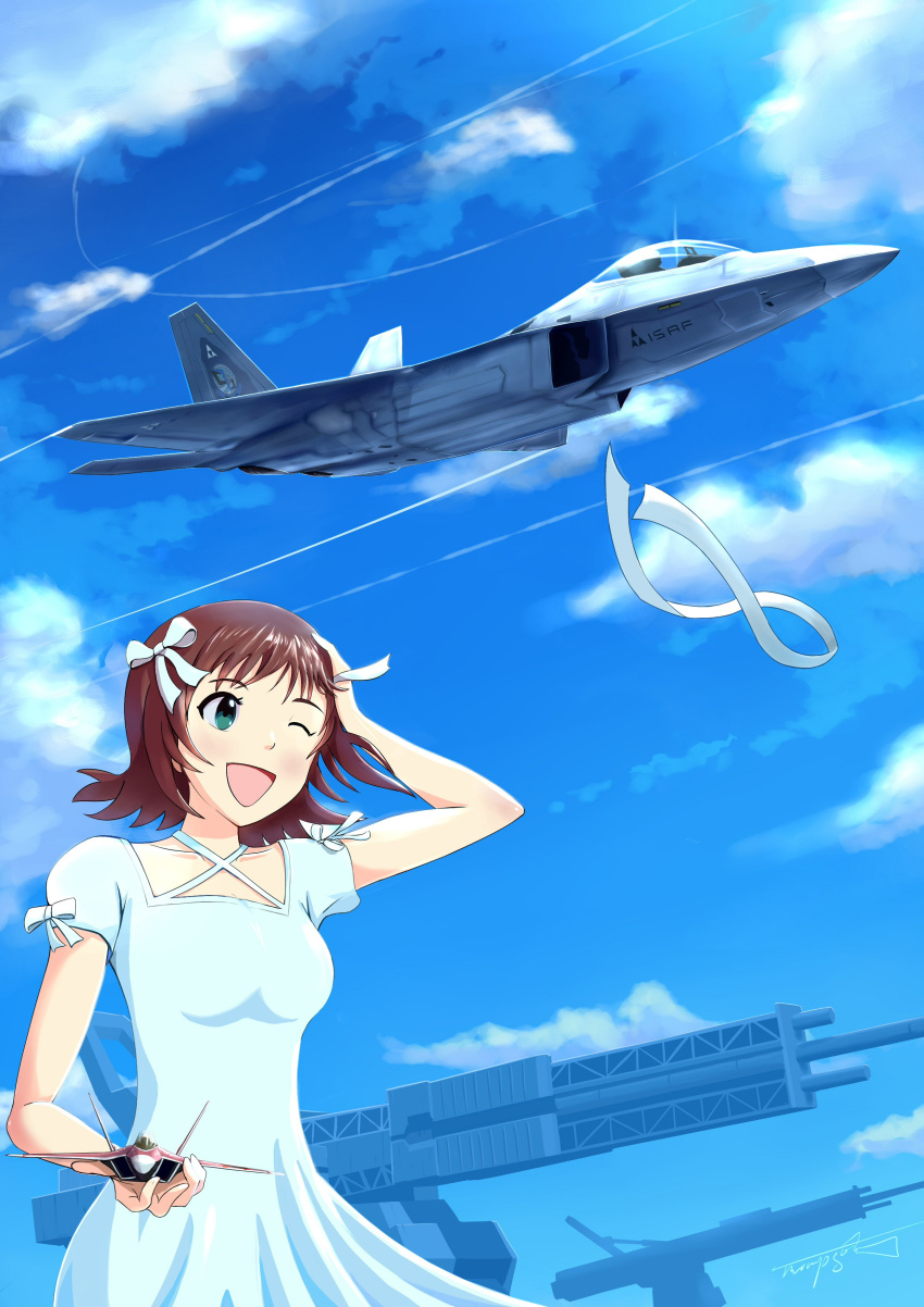 1girl absurdres ace_combat ace_combat_04 amami_haruka bow breasts brown_hair clouds collarbone condensation_trail dress emblem f-22 green_eyes hair_bow hair_ribbon highres idolmaster isaf military mobius_1 mobius_strip model one_eye_closed pilot ribbon short_hair signature sky small_breasts smile solo_focus stonehenge_(ace_combat) thompson white_dress