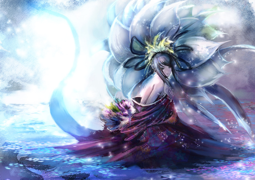 1girl bare_shoulders bccp black_eyes black_hair breasts covering covering_breasts floral_print highres japanese_clothes kimono lips long_hair looking_at_viewer original sideboob solo surreal water