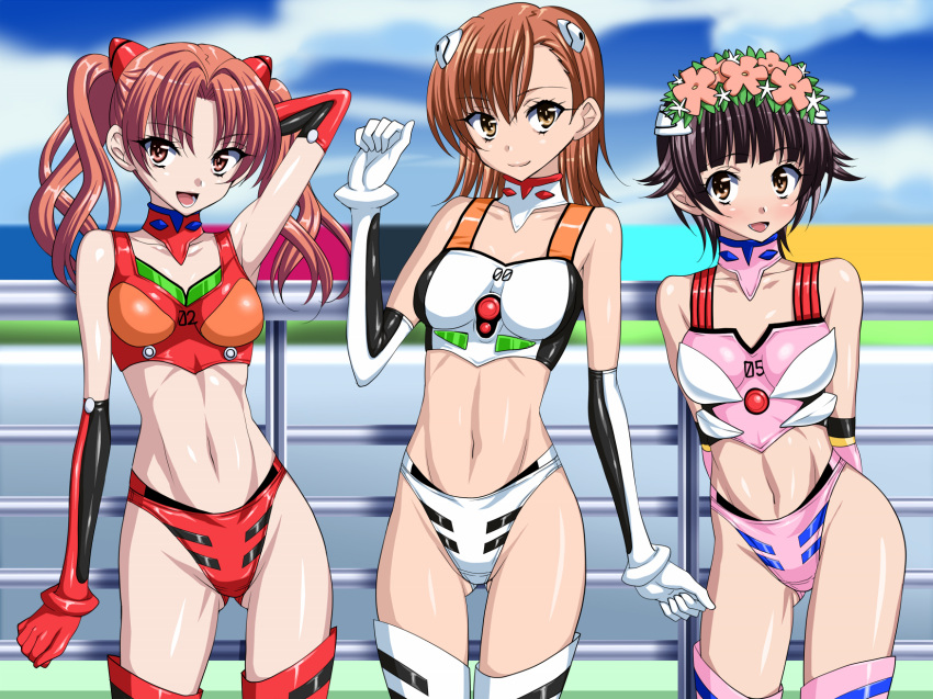 3girls adapted_costume anzu_(onelelee) ayanami_rei ayanami_rei_(cosplay) bikini black_hair brown_eyes brown_hair cosplay gloves head_wreath highres long_hair makinami_mari_illustrious makinami_mari_illustrious_(cosplay) misaka_mikoto multiple_girls neon_genesis_evangelion racequeen rebuild_of_evangelion shikinami_asuka_langley shikinami_asuka_langley_(cosplay) shirai_kuroko short_hair souryuu_asuka_langley souryuu_asuka_langley_(cosplay) swimsuit thigh-highs to_aru_kagaku_no_railgun to_aru_majutsu_no_index twintails uiharu_kazari