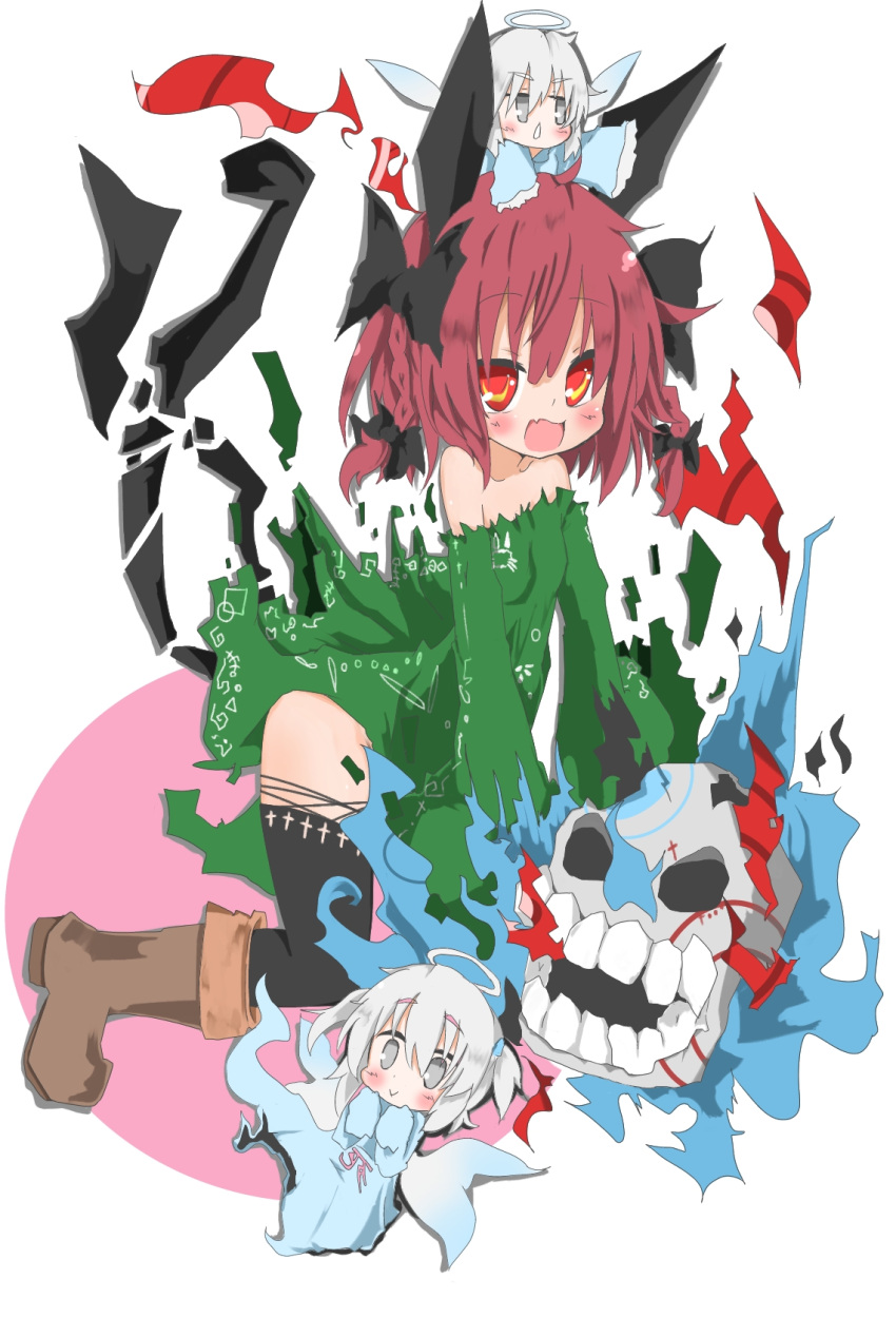 3girls :d adapted_costume alternate_costume animal_ears cat_ears cat_tail hair_ribbon highres kaenbyou_rin multiple_girls multiple_tails open_mouth red_eyes redhead ribbon shibainu_kisetsu skeleton smile tail touhou zombie_fairy