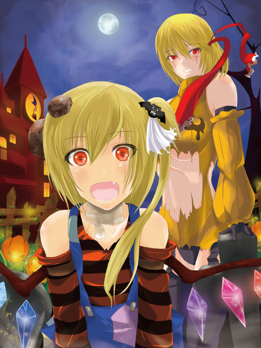 2girls :d alternate_costume bandages bat_hair_ornament blonde_hair breasts brown_eyes building detached_sleeves fang flandre_scarlet hair_ornament hair_ribbon halloween highres jack-o'-lantern kumakichi. looking_at_viewer multiple_girls navel open_mouth red_eyes ribbon rumia short_hair side_ponytail smile tagme touhou under_boob