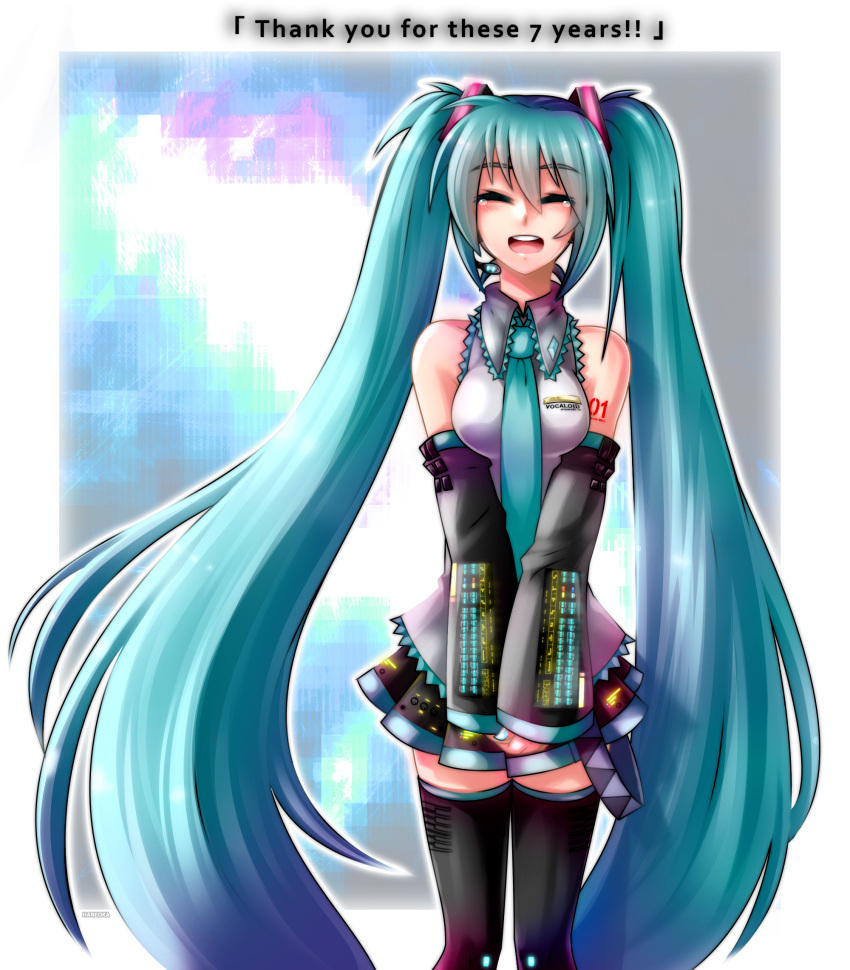 1girl aqua_hair artist_name black_legwear breasts character_name closed_eyes cowboy_shot detached_sleeves english hair_ornament haneoka_(electronic_musix) happy hatsune_miku headset highres long_hair microphone necktie open_mouth pleated_skirt skirt sleeves_past_wrists solo tattoo tears thank_you thigh-highs twintails v_arms very_long_hair vocaloid zettai_ryouiki