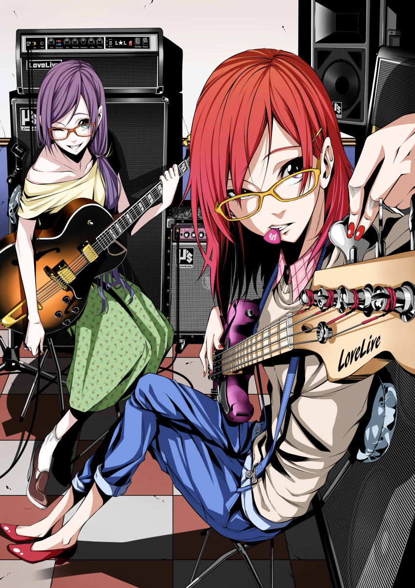 absurdres amplifier aqua_eyes bespectacled copyright_name denim dress foreshortening glasses guitar hair_ornament hairclip highres instrument jeans long_hair looking_at_viewer love_live!_school_idol_project mouth_hold nishikino_maki one_eye_closed pants plectrum purple_hair red-framed_glasses red_nails redhead short_hair sitting toujou_nozomi vice_(kuronekohadokoheiku) violet_eyes yellow-framed_glasses