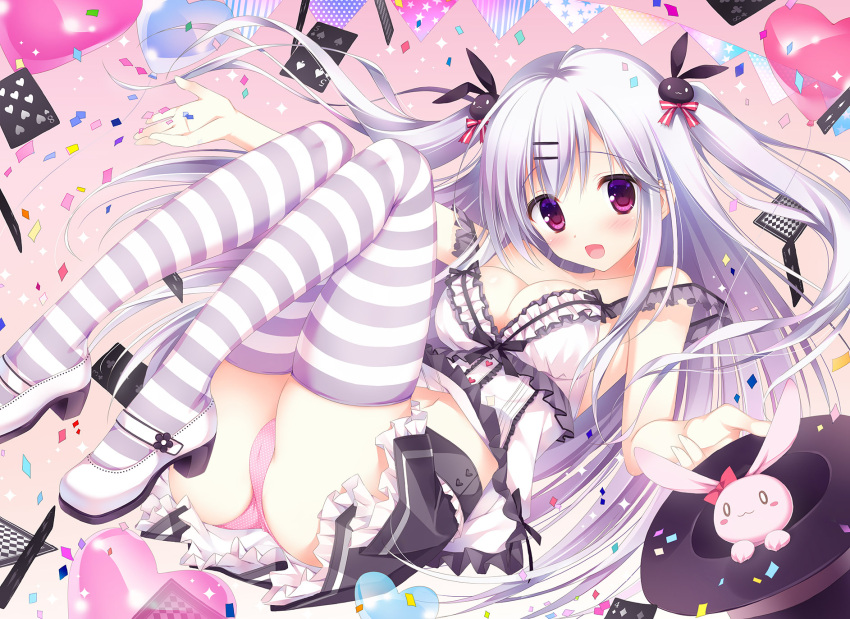 1girl :3 blush breasts camisole card confetti hat hat_removed headwear_removed heart heart_balloon highres impossible_clothes impossible_shirt kimishima_ao lavender_hair long_hair looking_at_viewer navel open_mouth original panties pantyshot pink_panties playing_card rabbit skirt solo striped striped_legwear thigh-highs top_hat two_side_up underwear very_long_hair violet_eyes