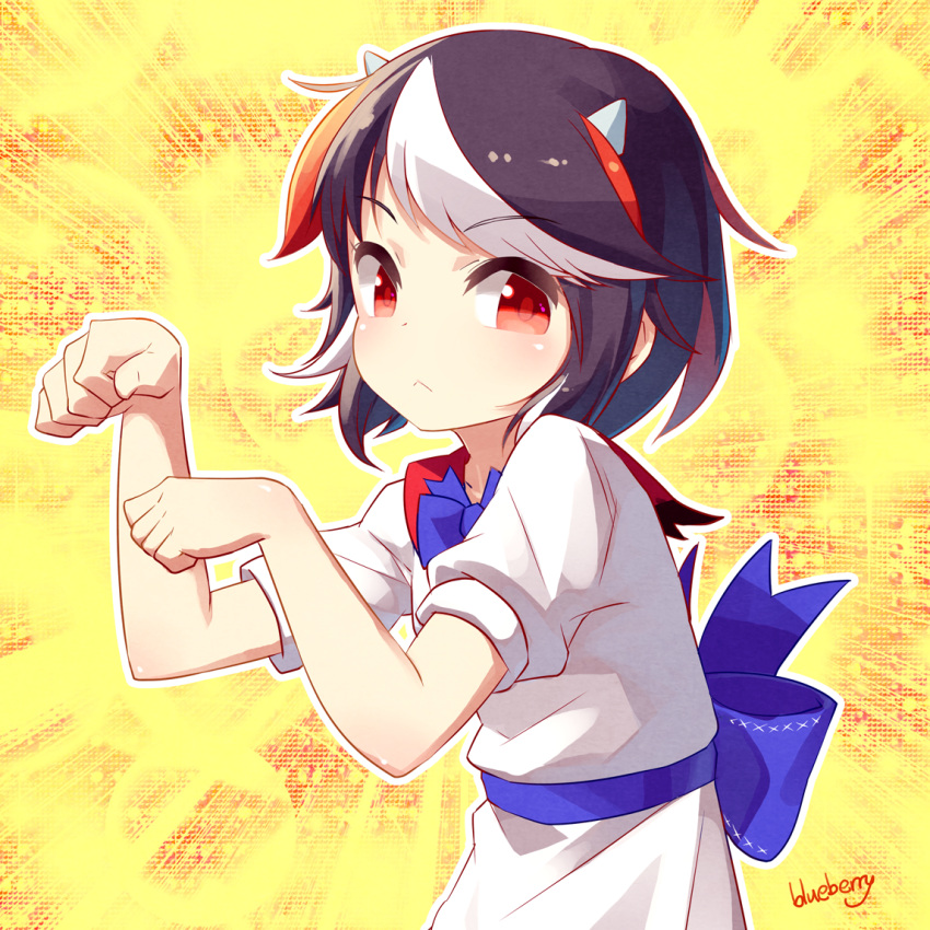1girl artist_name black_hair blueberry_(5959) bow dress horns kijin_seija looking_at_viewer multicolored_hair paw_pose red_eyes redhead short_hair short_sleeves solo streaked_hair touhou white_hair yellow_background