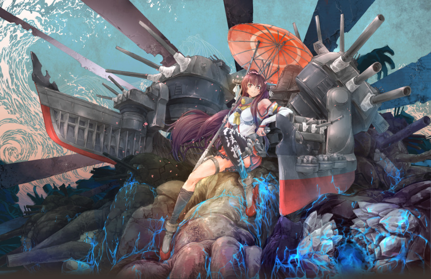 1girl black_legwear breasts brown_eyes brown_hair cannon convenient_leg detached_sleeves headgear kantai_collection koukaku large_breasts long_hair looking_at_viewer machinery mecha_musume parasol petals pleated_skirt ponytail reclining shipwreck single_thighhigh sitting sitting_on_rock skirt smile solo thigh-highs thigh_strap turret umbrella very_long_hair water waves yamato_(kantai_collection)