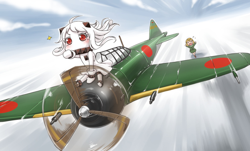 &gt;_&lt; 2girls ahoge airplane brown_hair chasing closed_eyes commentary_request covered_mouth dress fairy_(kantai_collection) flying_sweatdrops horns kantai_collection mittens multiple_girls northern_ocean_hime open_mouth pointing red_eyes riding running shinkaisei-kan short_hair sitting sparkle white_dress white_hair white_skin wind yaosera