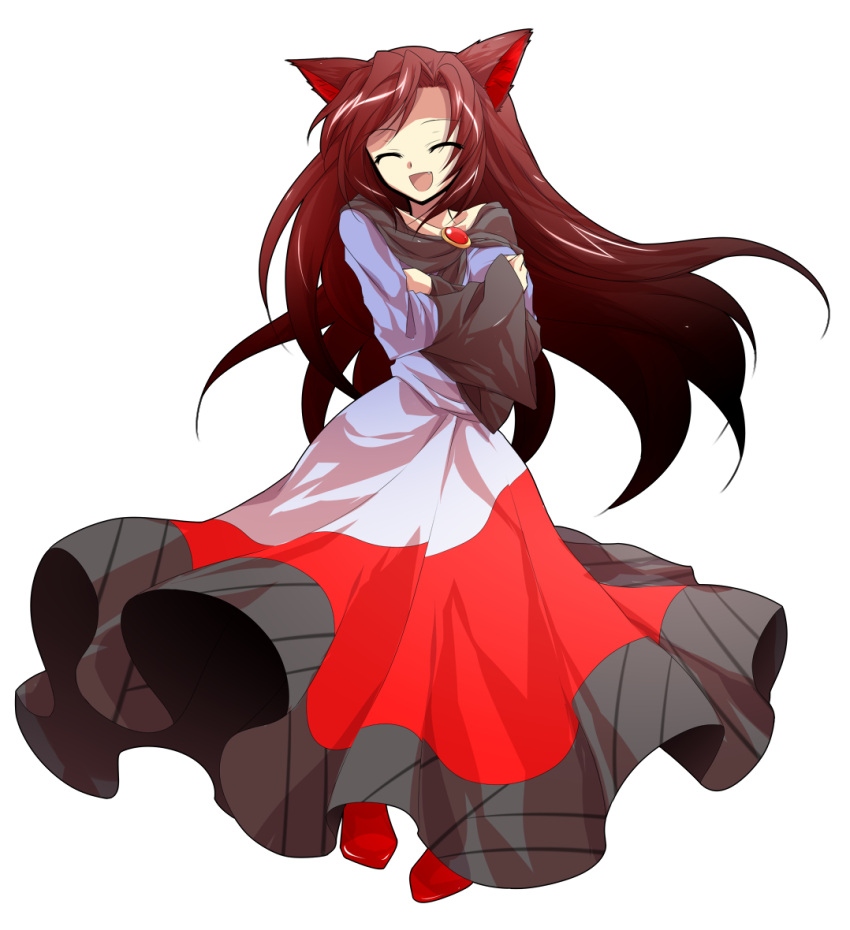 1girl ^_^ alphes_(style) animal_ears breast_hold breasts brooch brown_hair closed_eyes collarbone crossed_arms dairi dress fang happy imaizumi_kagerou jewelry long_hair looking_at_viewer open_mouth parody simple_background smile solo style_parody touhou transparent_background very_long_hair wolf_ears