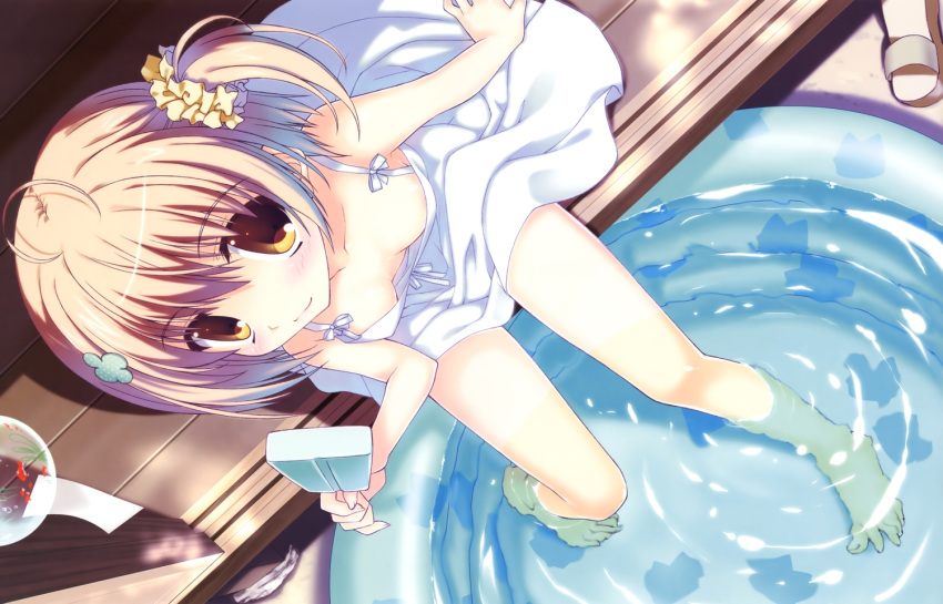 1girl ahoge artist_request barefoot from_above hair_ornament holding light_brown_hair light_smile one_side_up popsicle short_hair sitting solo water