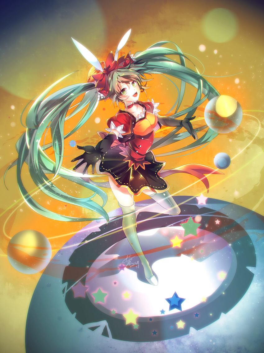 1girl animal_ears choker elbow_gloves floating_hair gloves green_eyes green_hair hatsune_miku headset highres long_hair open_mouth skirt solo star thigh-highs twintails very_long_hair vocaloid