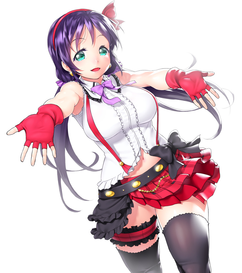 1girl aqua_eyes black_legwear bow breasts earrings fingerless_gloves gloves hairband highres jewelry long_hair looking_at_viewer love_live!_school_idol_project navel onsoku_maru outstretched_arms parted_lips purple_hair skirt solo thigh-highs thigh_strap toujou_nozomi twintails white_background
