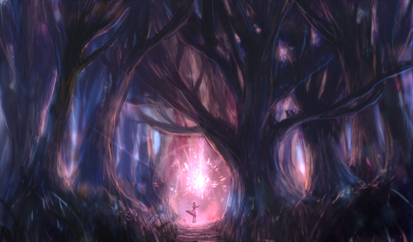 1girl back bou_nin dark dress fantasy forest highres light long_hair magic nature original outdoors scenery tree