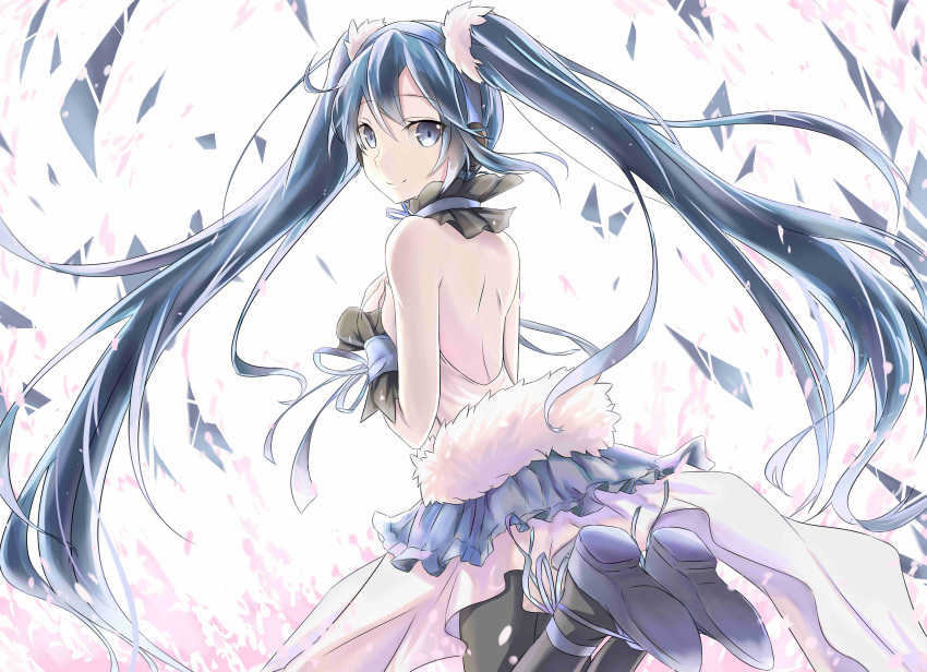 1girl 7th_dragon 7th_dragon_2020 absurdres blue_eyes blue_hair hatsune_miku highres jeffrey10 long_hair looking_back pantyhose skirt solo twintails very_long_hair vocaloid