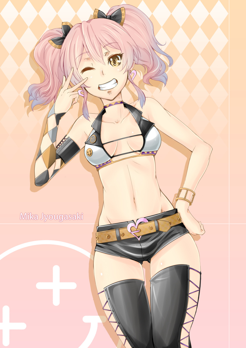 1girl ;d absurdres argyle argyle_background bare_shoulders black_legwear bracelet character_name choker collarbone crop_top earrings grin hand_on_hip highres idolmaster idolmaster_cinderella_girls jewelry jougasaki_mika looking_at_viewer navel one_eye_closed open_mouth pink_hair short_hair short_shorts short_twintails shorts smile smiley_face solo thigh-highs twintails v_over_eye x_x yasai_no_ou-sama_lettuce