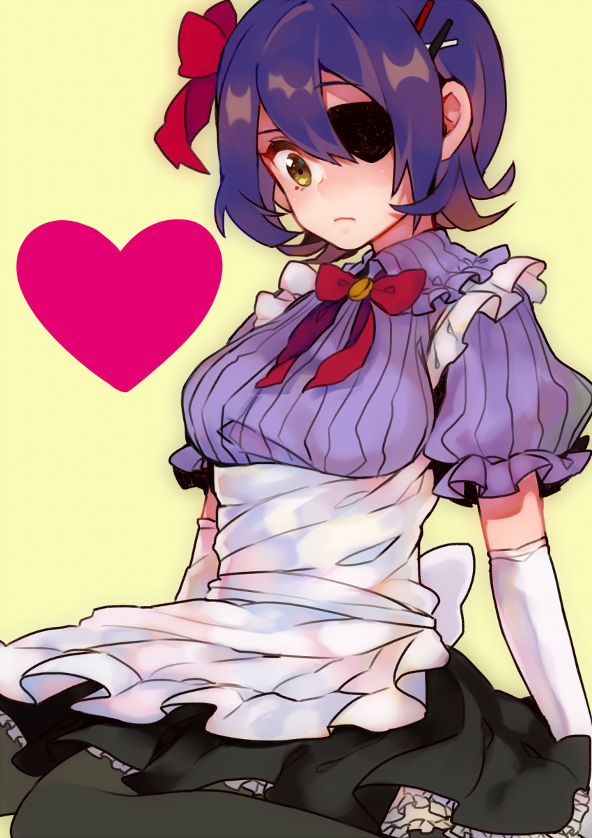1girl alternate_costume apron black_legwear breasts dress elbow_gloves enmaided eyepatch gloves highres kantai_collection looking_at_viewer maid puffy_short_sleeves puffy_sleeves purple_hair short_hair short_sleeves sitting sweater tenryuu_(kantai_collection) wariza yellow_eyes