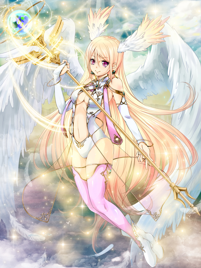 1girl angel angel_wings breasts bridal_gauntlets center_opening gloves head_wings highres leotard long_hair navel original pink_legwear smile solo staff thigh-highs very_long_hair violet_eyes white_gloves wings yasai_no_ou-sama_lettuce