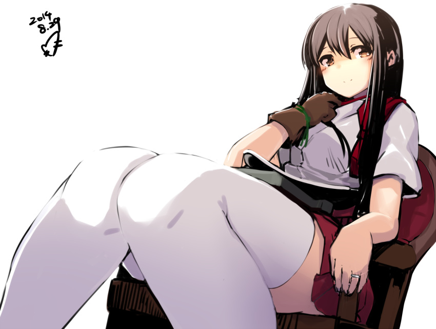 1girl akagi_(kantai_collection) brown_hair dated japanese_clothes jewelry kantai_collection long_hair momo_(higanbana_and_girl) muneate pleated_skirt ring signature sitting skirt solo thigh-highs wedding_band white_background zettai_ryouiki