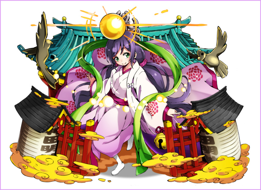1girl amaterasu_(p&amp;d) amaterasu_(p&amp;d)_(cosplay) green_eyes highres japanese_clothes kimono love_live!_school_idol_project nanda_rone puzzle_&amp;_dragons scrunchie shawl shrine smile solo toujou_nozomi twintails