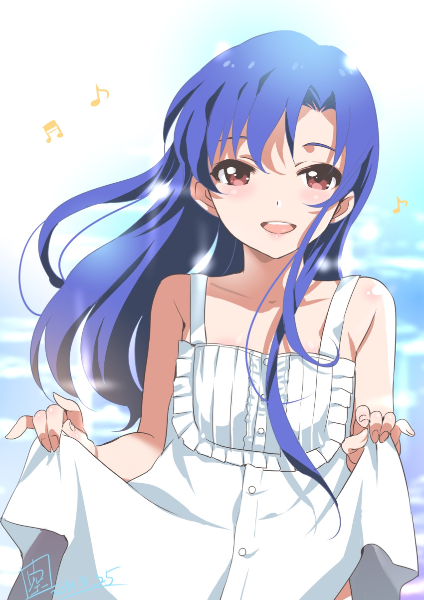 1girl :d blue_hair blush curtsey dated dress flat_chest highres idolmaster inoue_sora kisaragi_chihaya long_hair open_mouth out-of-frame_censoring signature smile solo sundress textless violet_eyes