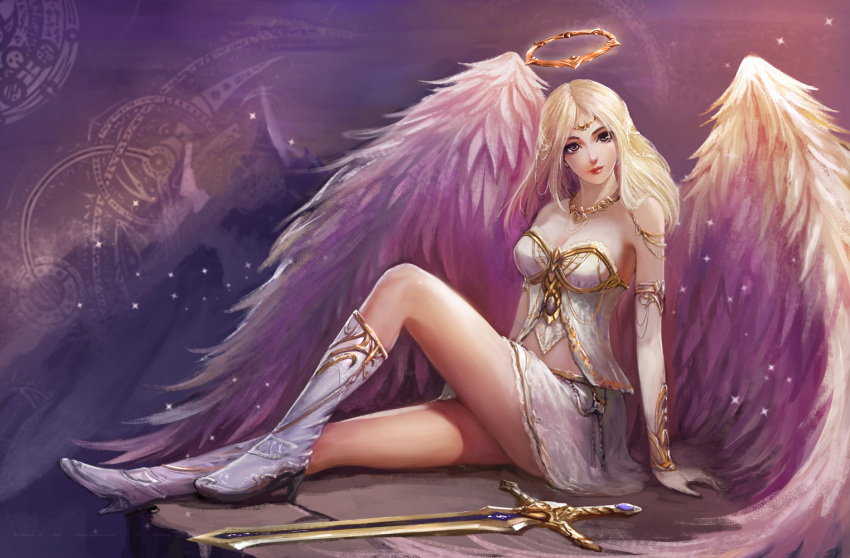 1girl angel angel_wings arm_support bare_shoulders blonde_hair breasts bustier elbow_gloves gloves grey_eyes halo high_heel_boots high_heels jewelry kayle kaze_no_gyouja knee_up league_of_legends light_particles long_hair looking_at_viewer midriff miniskirt necklace sitting skirt solo sword weapon wings