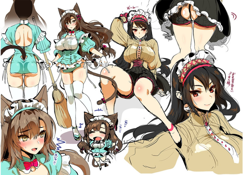2girls :d animal_ears ass black_shorts blush bow bowtie breasts cat_ears cat_tail chibi closed_mouth hair_bow kojima_saya large_breasts long_hair looking_at_viewer maid minya_(kojima_saya) multiple_girls multiple_views open_mouth original panties parted_lips red_bow red_eyes red_neckwear short_shorts shorts side-tie_panties sitting sketch skindentation smile tail tail_bow tail_ornament thigh-highs underwear white_legwear