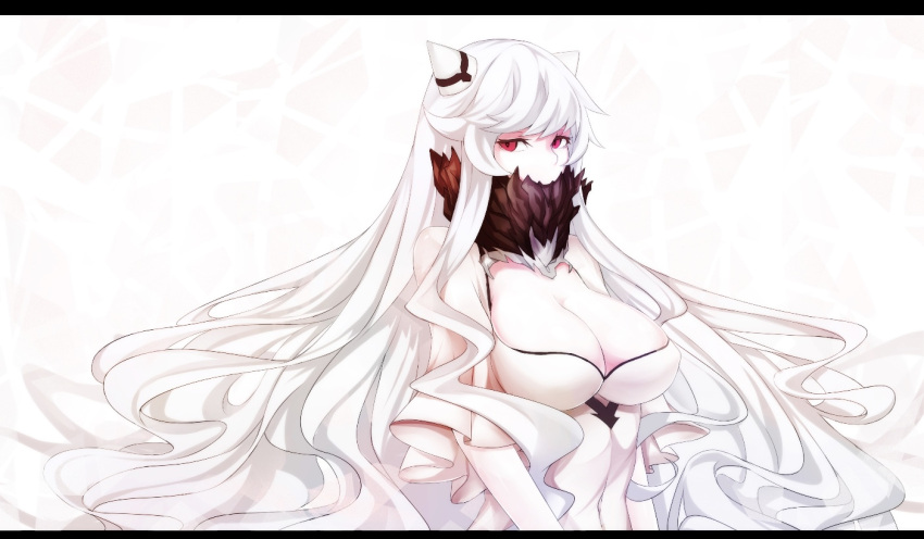 1girl breasts cleavage covered_mouth horns kantai_collection large_breasts long_hair looking_at_viewer midway_hime pale_skin red_eyes shinkaisei-kan solo white_hair xiaodi