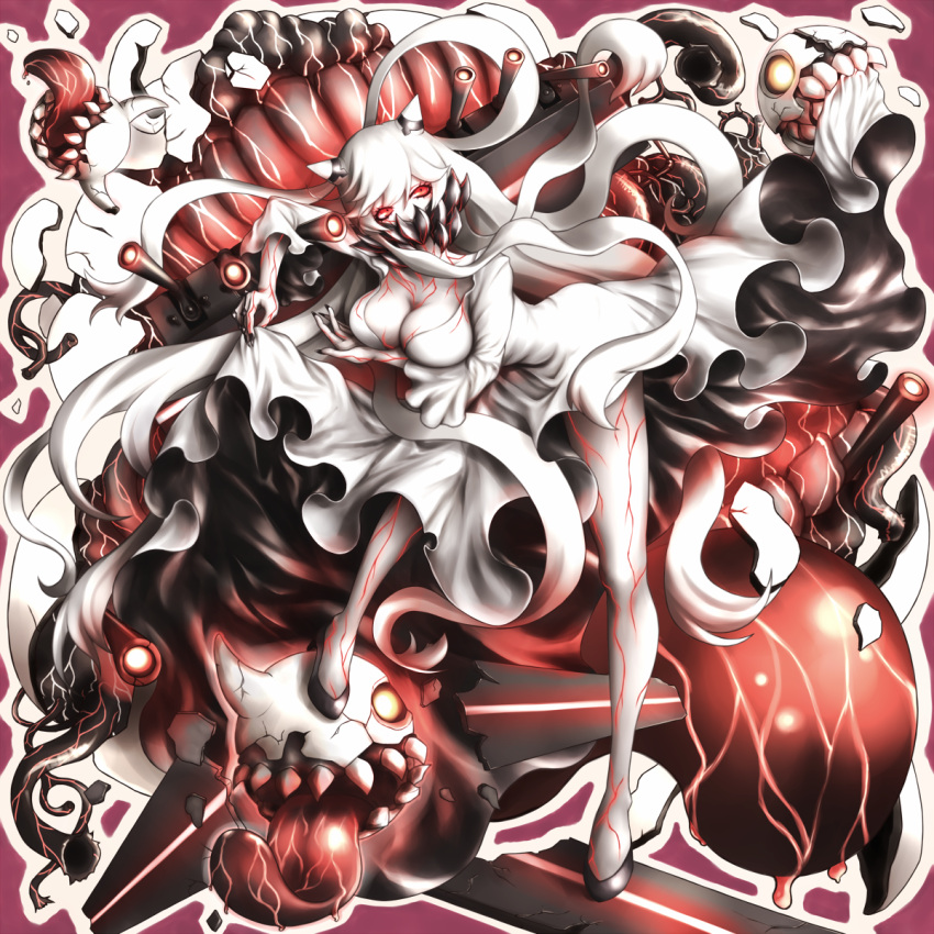 1girl bare_legs black_nails breast_hold breasts cleavage covering_mouth dress dress_lift highres horns kantai_collection long_hair long_nails machinery midway_hime oyume pale_skin red_eyes saliva shinkaisei-kan stepping tongue veins very_long_hair white_dress white_hair