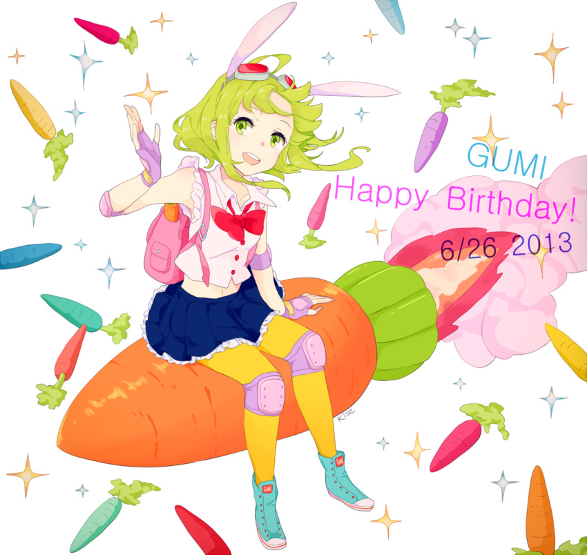 1girl :d animal_ears backpack bag carrot fake_animal_ears fingerless_gloves gloves goggles goggles_on_head green_eyes green_hair gumi happy_birthday kise_(swimmt) looking_at_viewer navel open_mouth pantyhose pleated_skirt rabbit_ears rocket shoes short_hair sitting skirt smile solo tagme vocaloid waving yellow_legwear