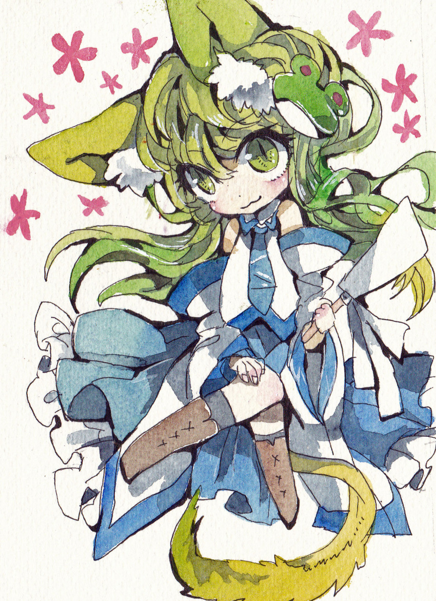 1girl :3 animal_ears blush cat_ears cat_tail detached_sleeves frog gohei green_eyes green_hair hair_ornament highres kochiya_sanae kusuke long_hair smile solo tail touhou traditional_media