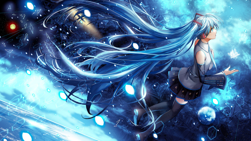 1girl black_legwear blue_eyes blue_hair detached_sleeves hair_ornament hatsune_miku highres komecchi long_hair looking_up necktie open_mouth pleated_skirt singing skirt solo tagme thigh-highs twintails vocaloid wind zettai_ryouiki