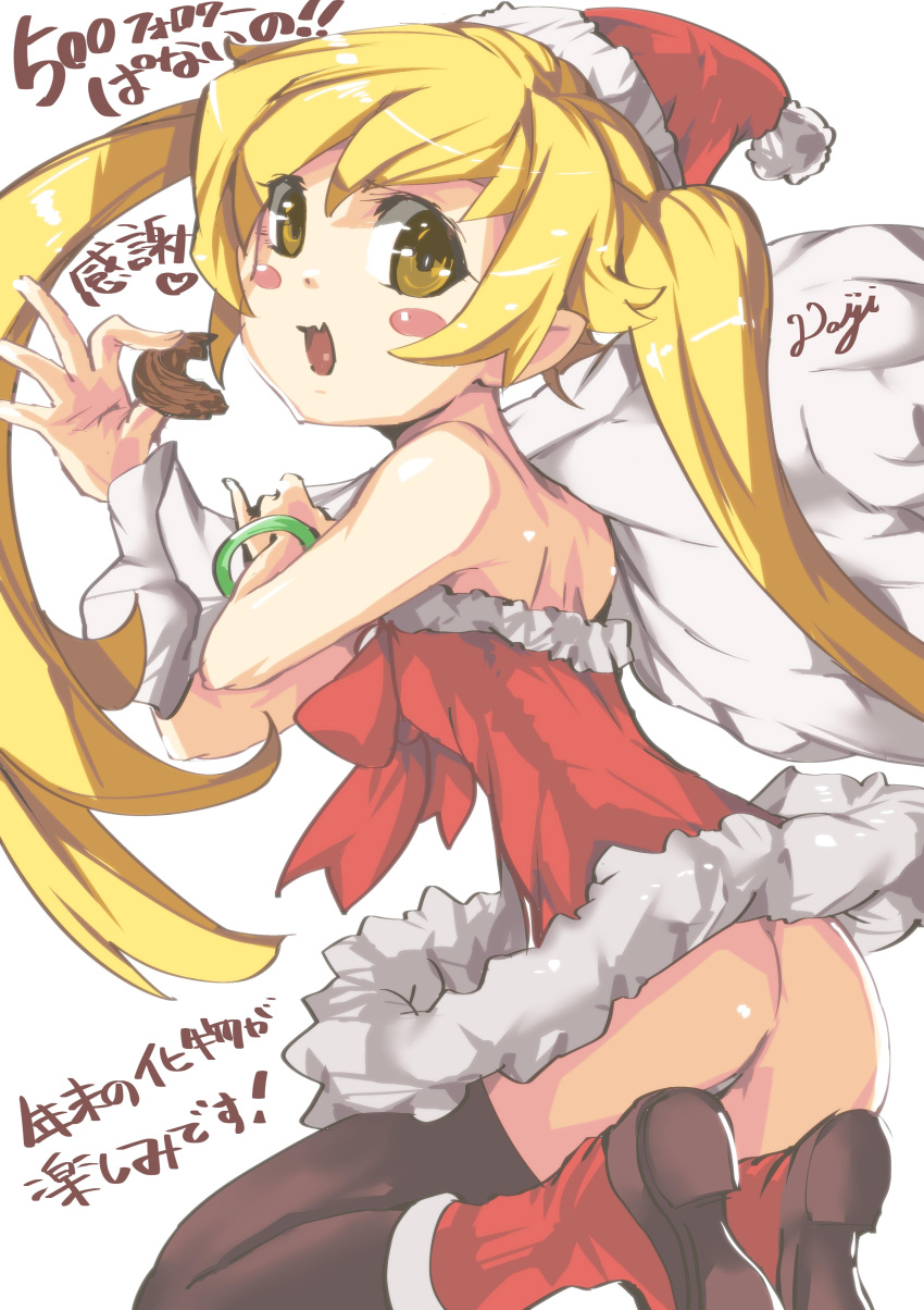 1girl absurdres alternate_hairstyle armadillo-tokage ass bare_shoulders black_legwear blonde_hair blush_stickers bracelet doughnut dress fang fur_trim hat highres holding jewelry long_hair monogatari_(series) no_panties open_mouth oshino_shinobu red_dress sack santa_costume santa_hat simple_background solo thigh-highs translated translation_request twintails very_long_hair white_background yellow_eyes