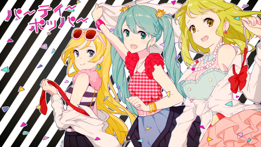 3girls :d blonde_hair blue_eyes casual glasses_on_head green_eyes green_hair gumi hatsune_miku jewelry kise_(swimmt) lily_(vocaloid) long_hair looking_at_viewer multiple_girls necklace open_mouth short_hair smile tagme twintails vocaloid