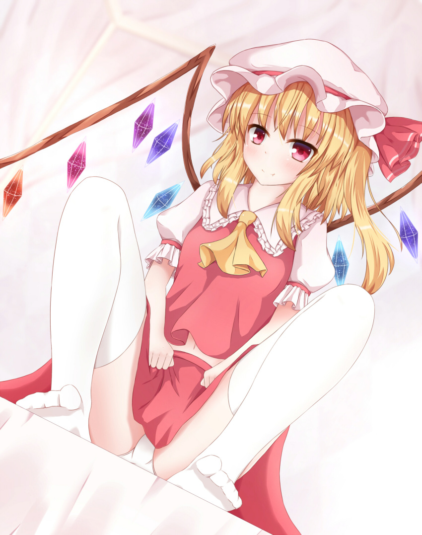 1girl ascot blonde_hair blush fang flandre_scarlet hat hat_ribbon highres konuko_(nukonuko210) mob_cap panties pantyshot pantyshot_(sitting) pink_eyes puffy_short_sleeves puffy_sleeves ribbon shirt short_sleeves side_ponytail sitting skirt smile solo spread_legs thigh-highs touhou underwear upskirt vest white_legwear white_panties wings