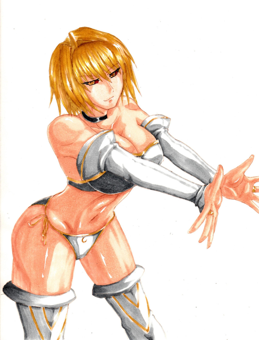 1girl absurdres alternate_costume arcueid_brunestud bare_shoulders blonde_hair boots bra breasts bridal_gauntlets cleavage collar detached_sleeves highres jam_(ggsol) large_breasts marker_(medium) melty_blood panties red_sclera scan short_hair side-tie_panties slit_pupils solo strapless_bra thigh_boots thighhighs thighs traditional_media tsukihime underwear warcueid white_background yellow_eyes